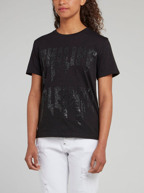 Black Studded Logo Cotton T-Shirt