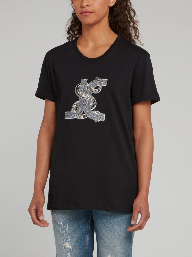 Черная футболка со змеей из пайеток