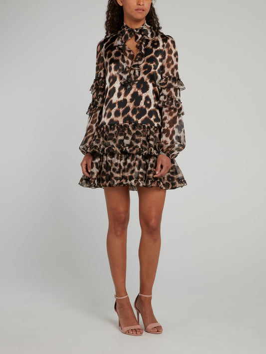 Многоярусное платье-мини с леопардовым принтом