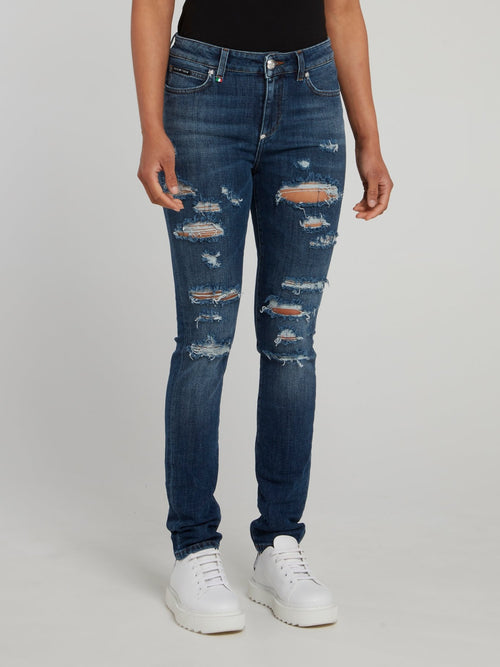 Navy Distressed Slim Fit Denim Jeans