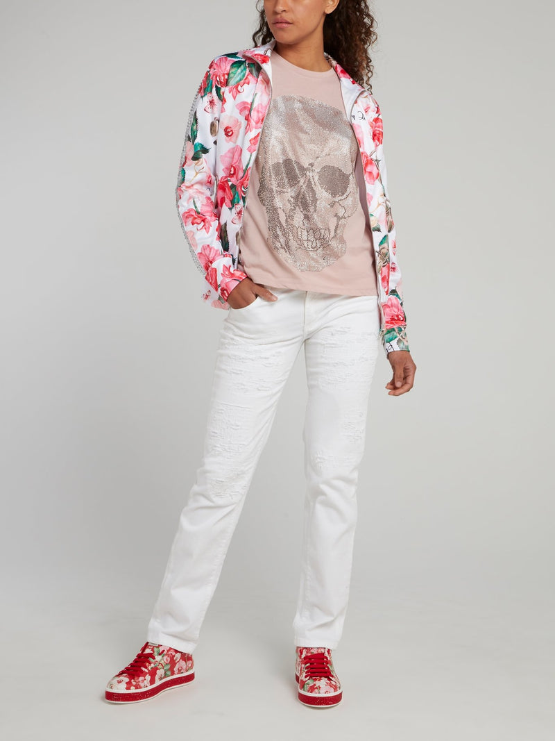 Floral Print Studded Sleeve Jogging Jacket