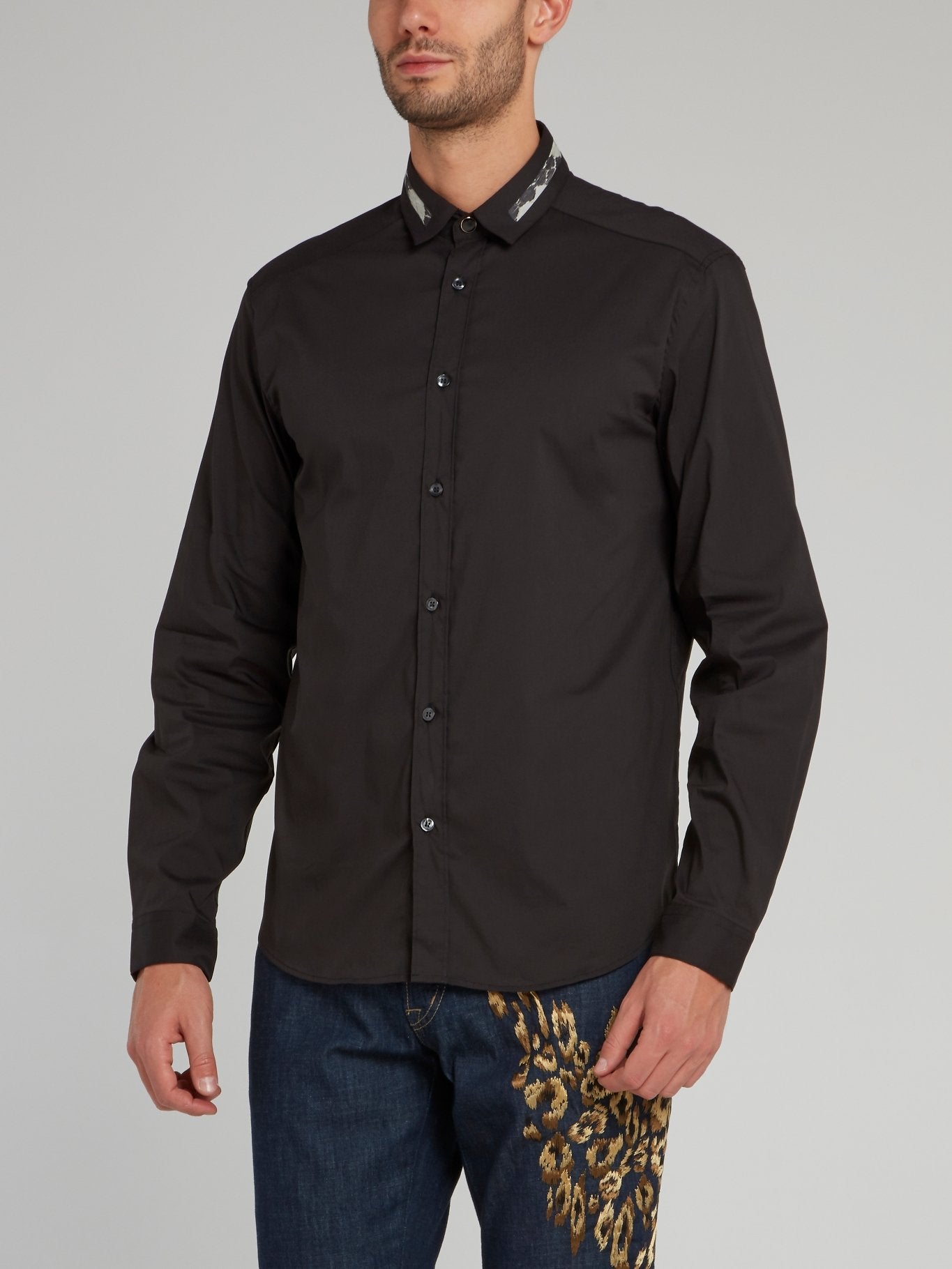Black Striped Collar Long Sleeve Shirt