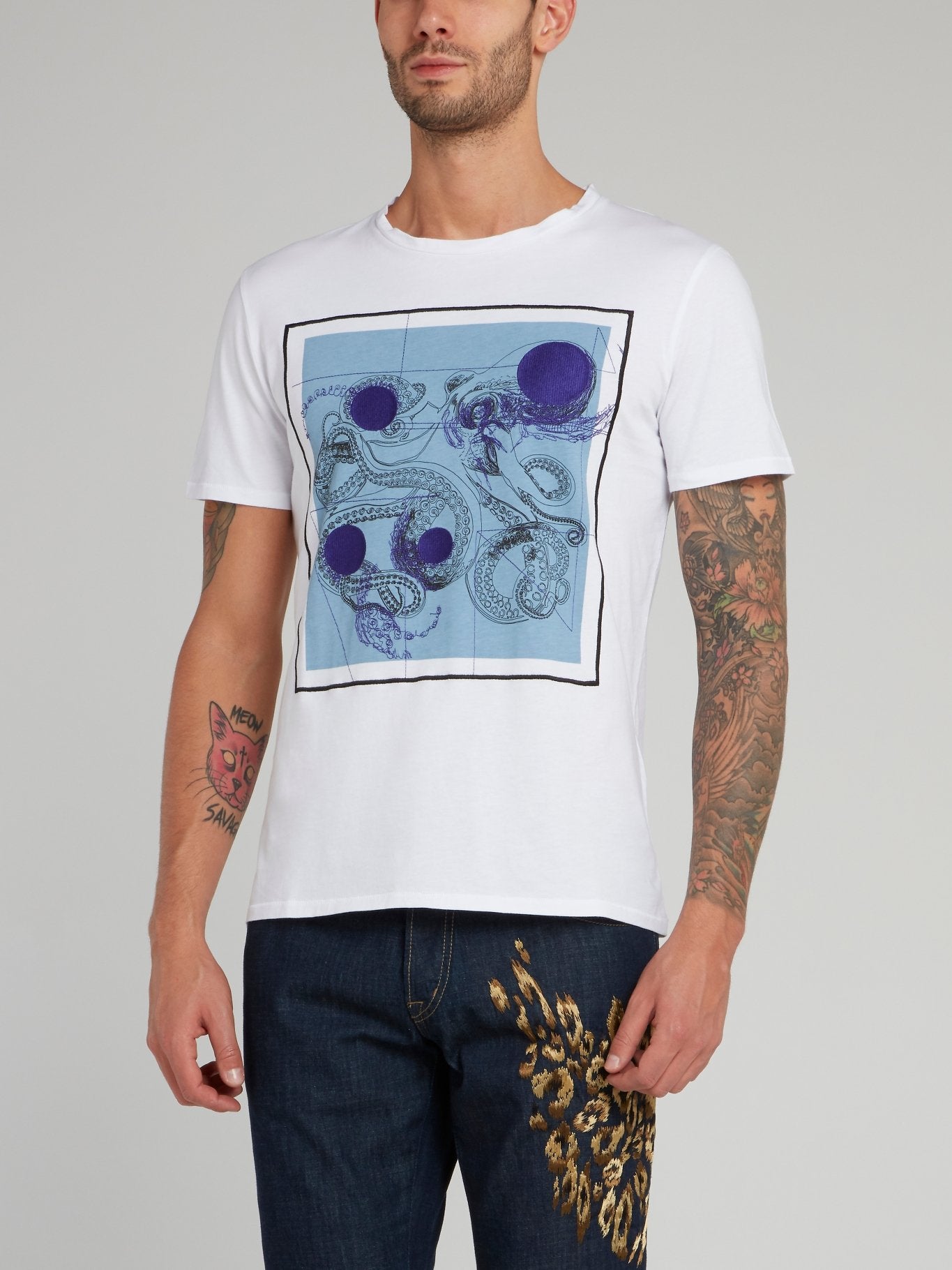 White Geometric Octopus Print T-Shirt