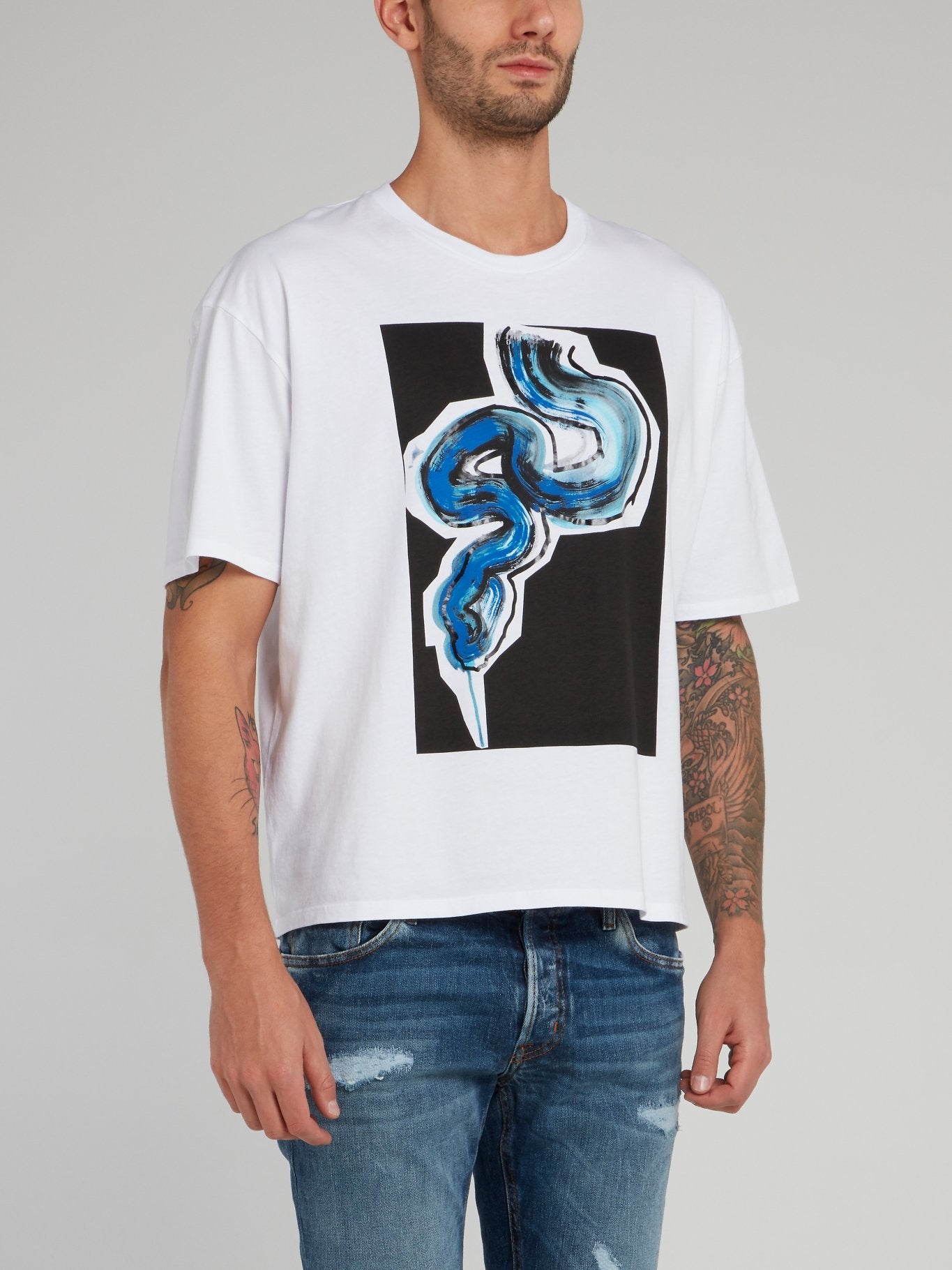 White Snake Print Half Sleeve T-Shirt