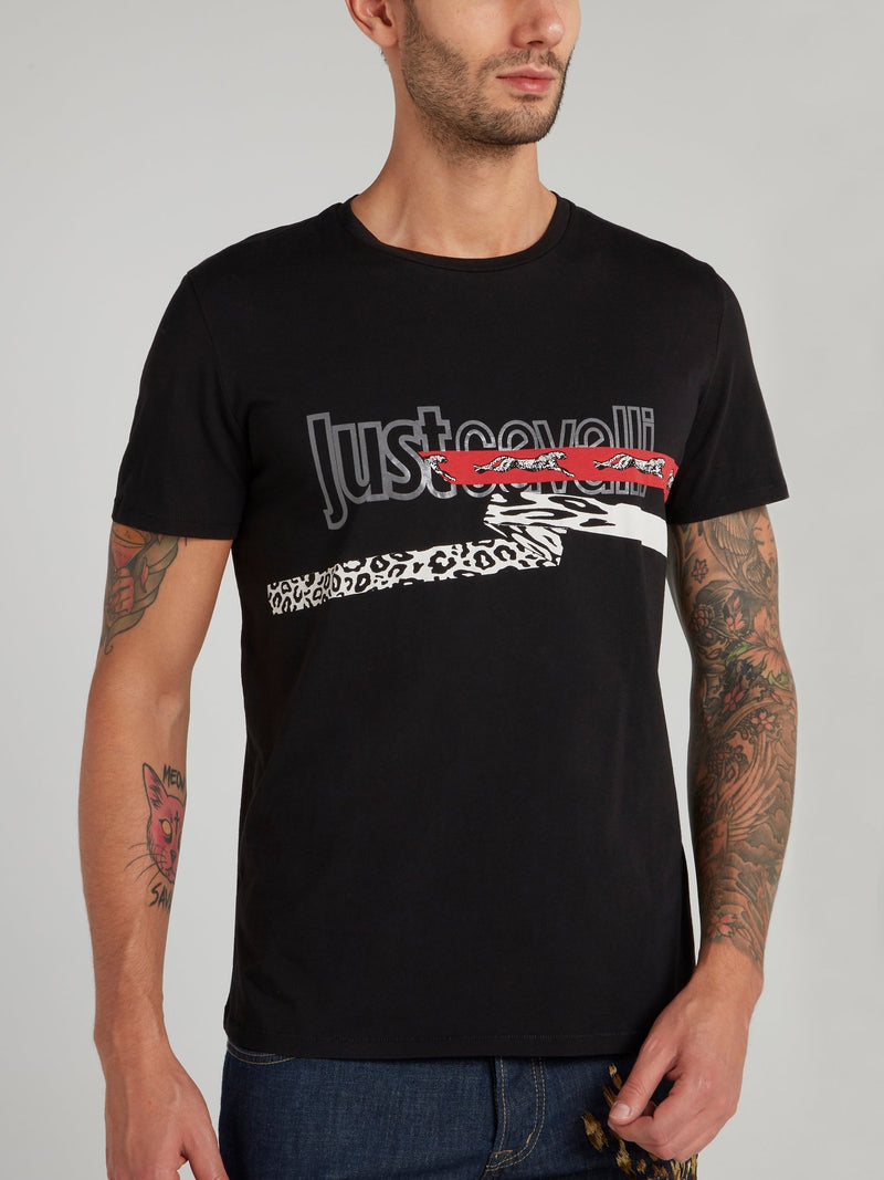 Black Leopard Print Logo Round Neck T-Shirt