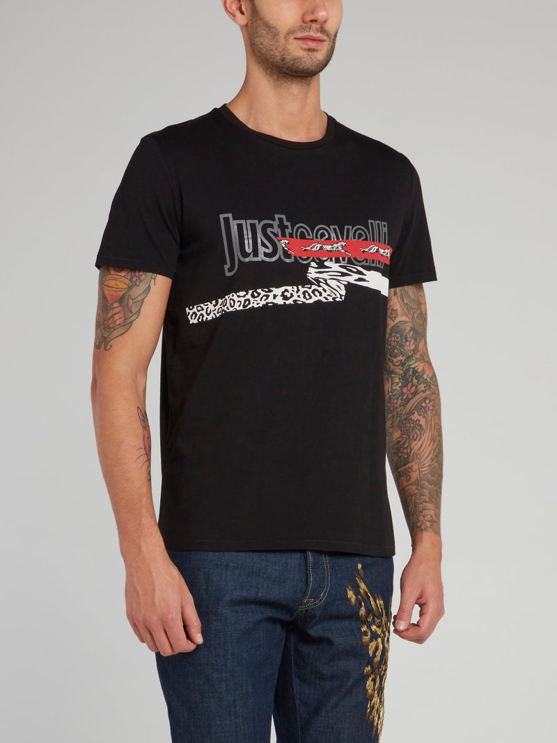 Black Leopard Print Logo Round Neck T-Shirt