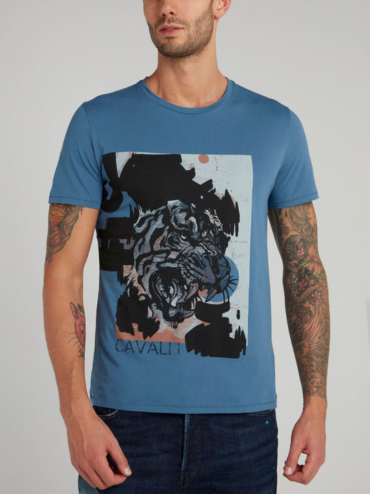 Blue Tiger Print Cotton T-Shirt