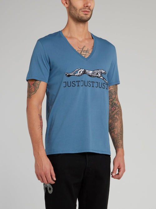 Blue Leopard Print Logo V-Neck T-Shirt