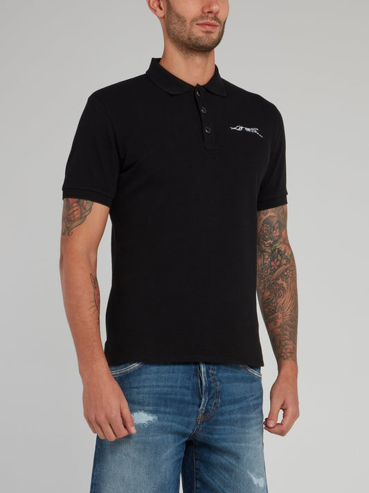 Black Leopard Logo Cotton Polo Shirt