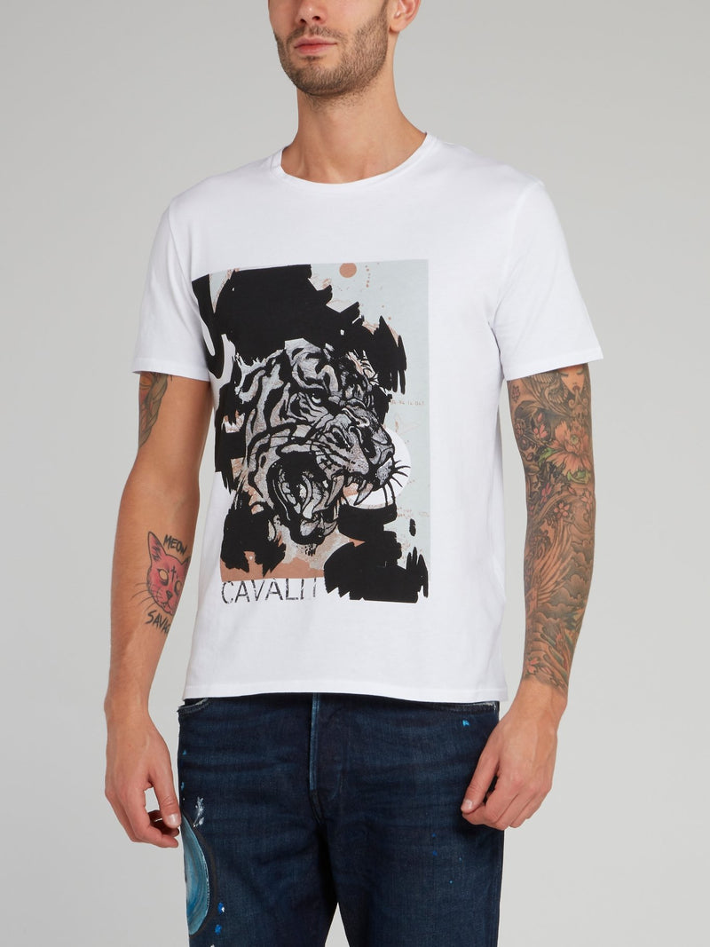 White Tiger Print Cotton T-Shirt