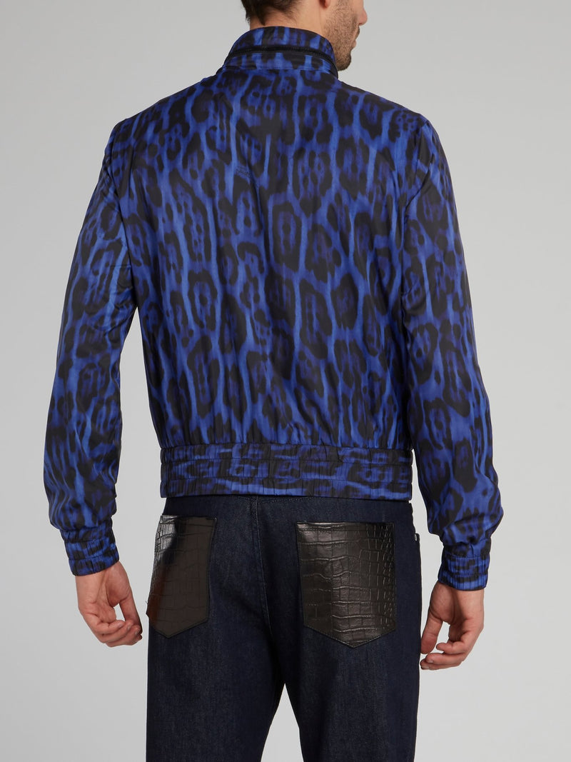 Blue Leopard Print Jacquard Zip Up Jacket