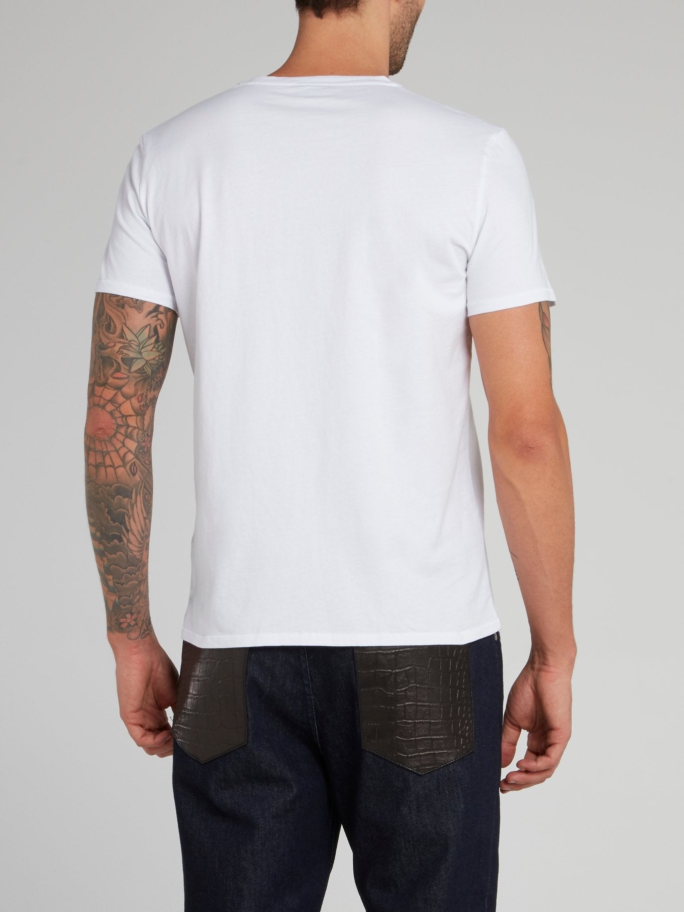 White Leopard Print Logo Round Neck T-Shirt