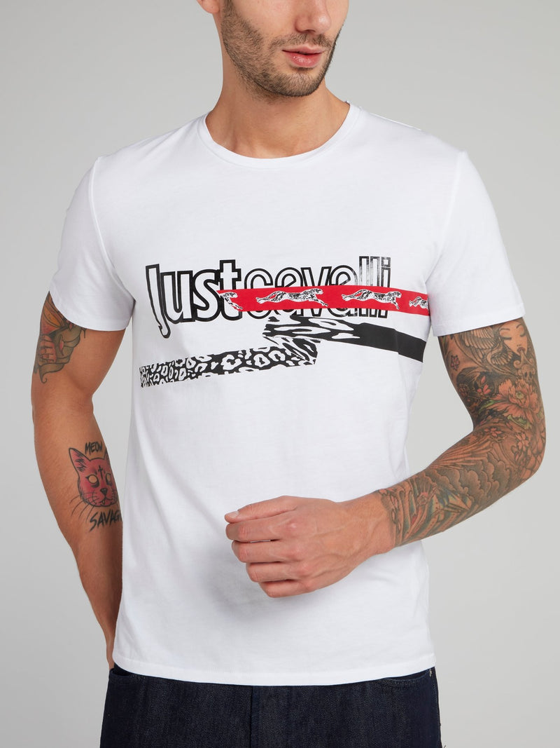 White Leopard Print Logo Round Neck T-Shirt