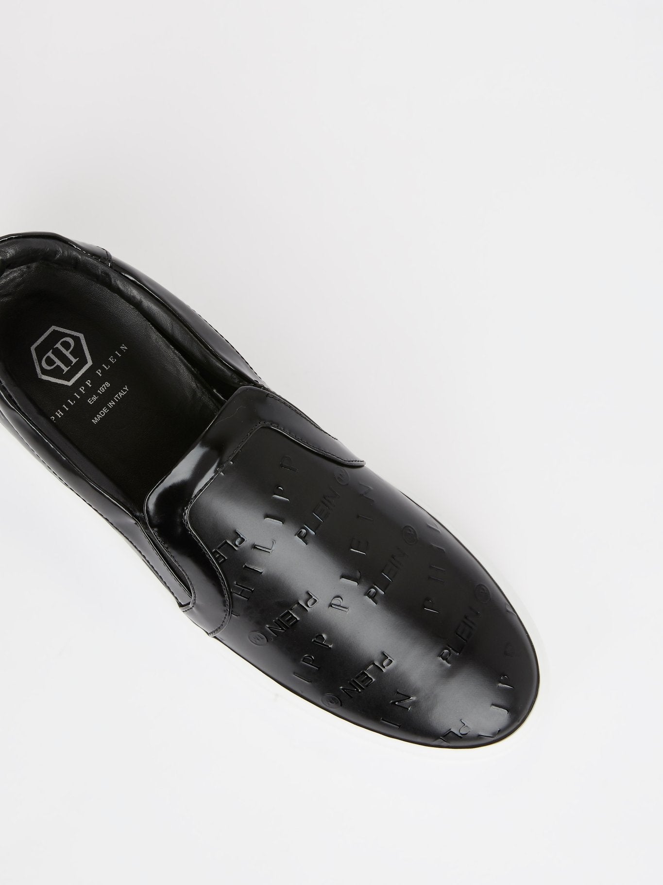 Black Embossed Logo Slip On Sneakers