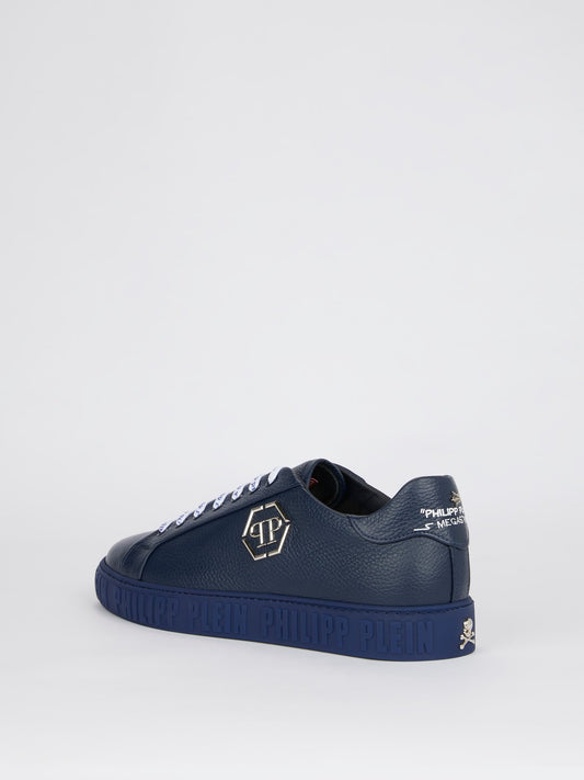 Navy Logo Lace Up Leather Sneakers