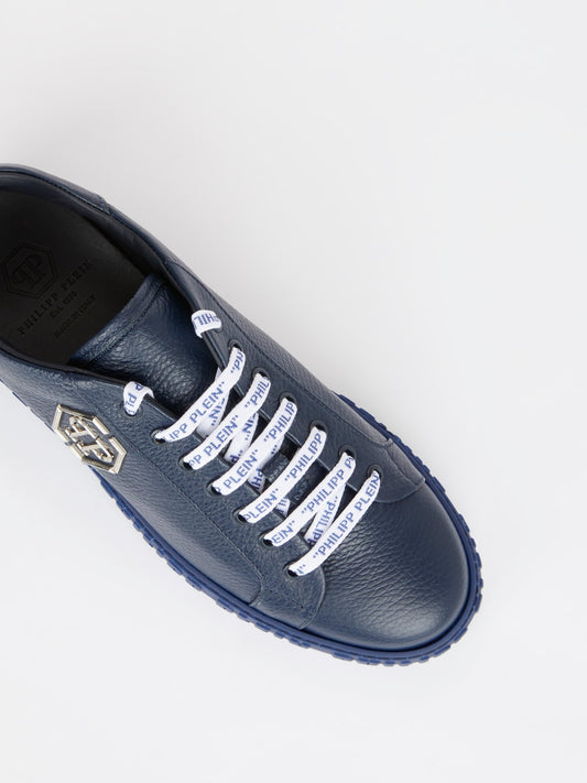Navy Logo Lace Up Leather Sneakers