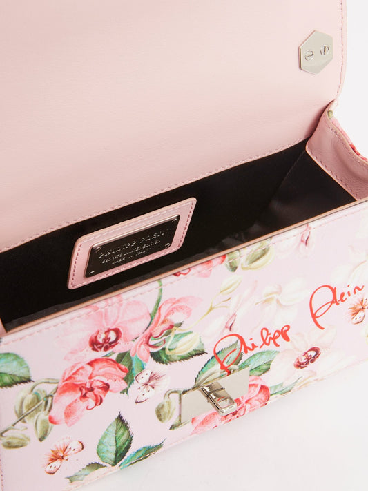 Розовая стеганая сумка на плечо с цветочным принтом и стразами