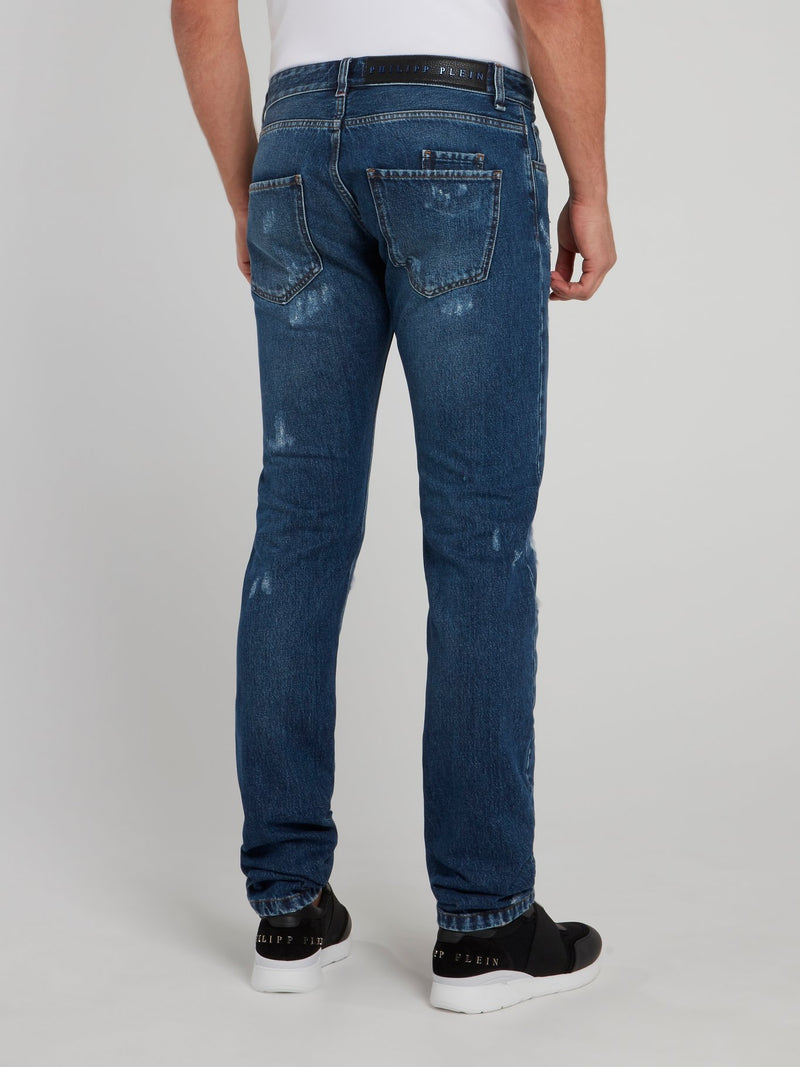 Blue Distressed Straight Cut Jeans