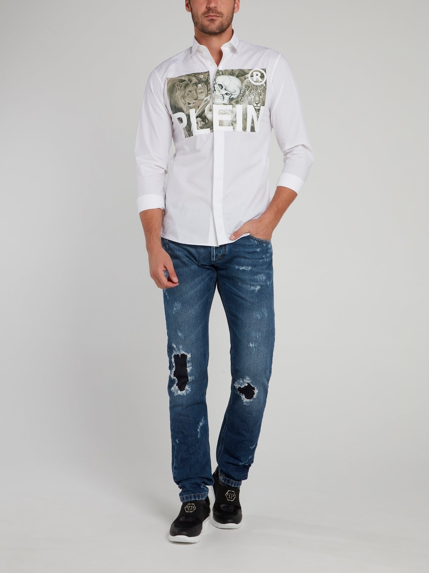 Blue Distressed Straight Cut Jeans