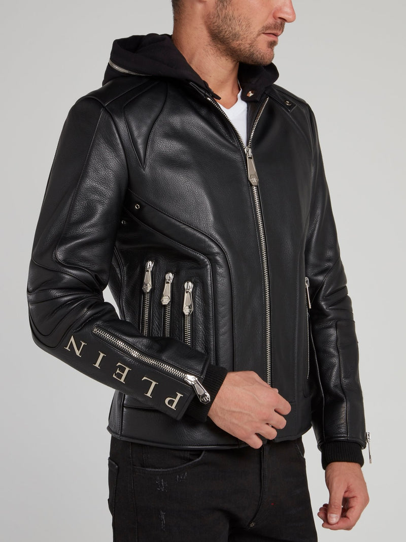 Zipper Embellished Hooded Moto Jacket