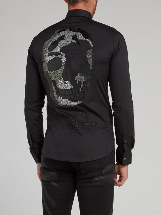 Черная рубашка с длинными рукавами с камуфляжным изображением черепа с эффектом змеиной кожи и стразами