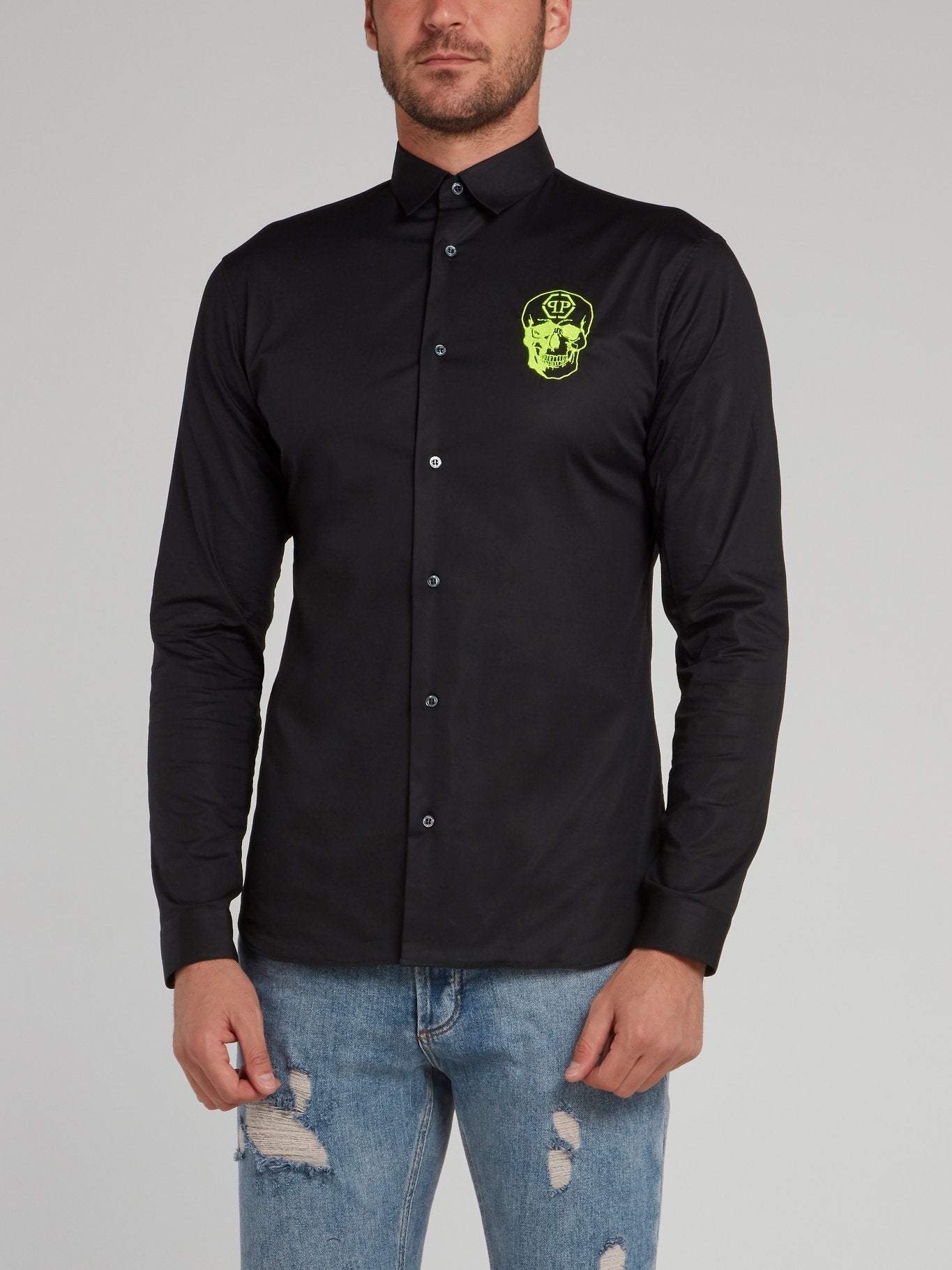 Black Neon Skull Print Long Sleeve Shirt