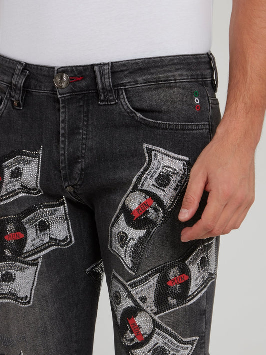 Серые облегающие джинсы с изображением долларов