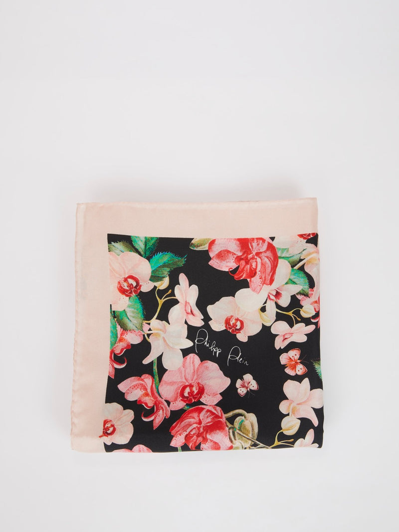 Beige Trim Floral Print Silk Scarf