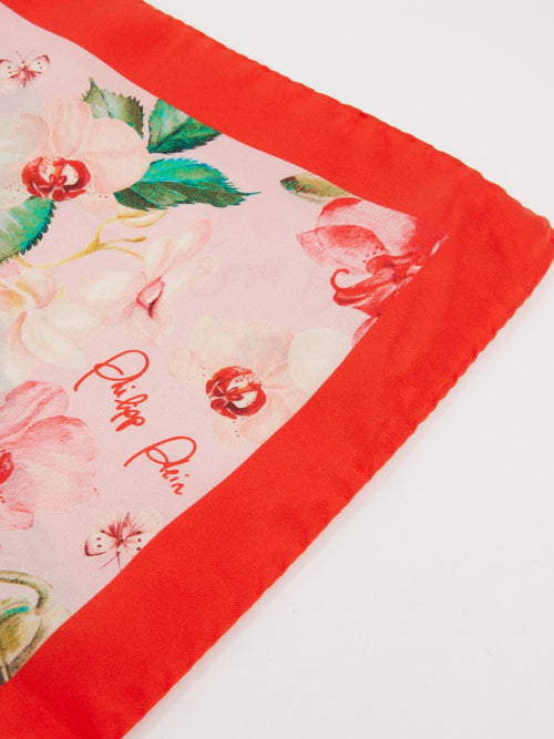 Red Floral Print Silk Scarf