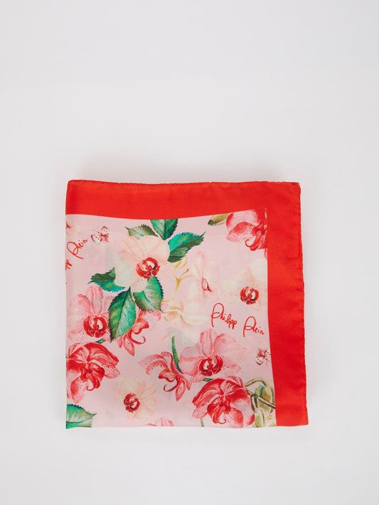 Красный шелковый шарф с цветочным принтом