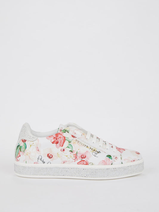 Studded Floral Low Top Lace Up Sneakers