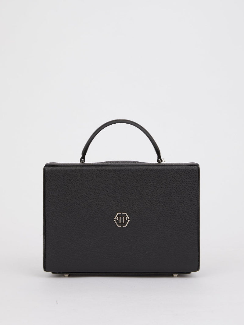 Black Textured Leather Handle Bag