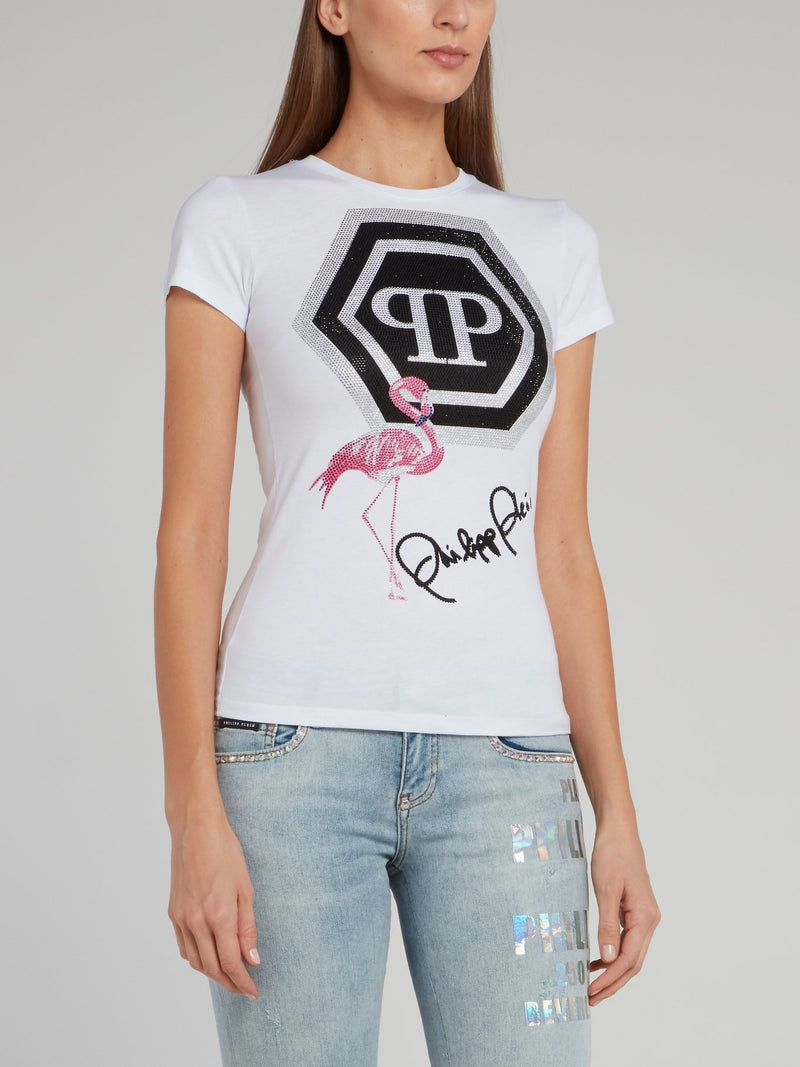 White Studded Flamingo Print Logo T-Shirt