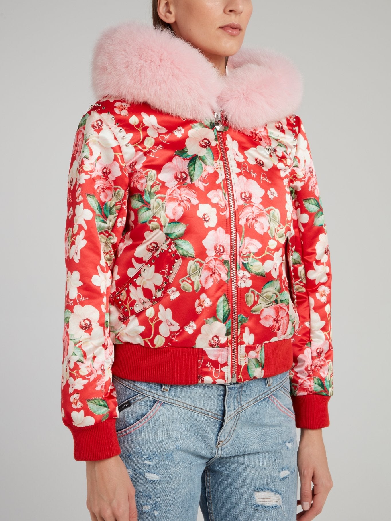 Red Floral Print Fur Collar Bomber Jacket
