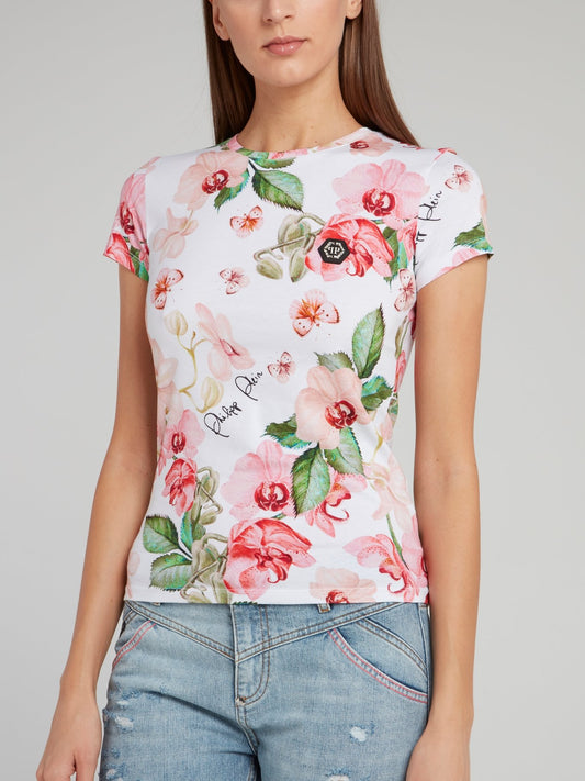 Приталенная футболка с цветочным принтом и стразами на спине