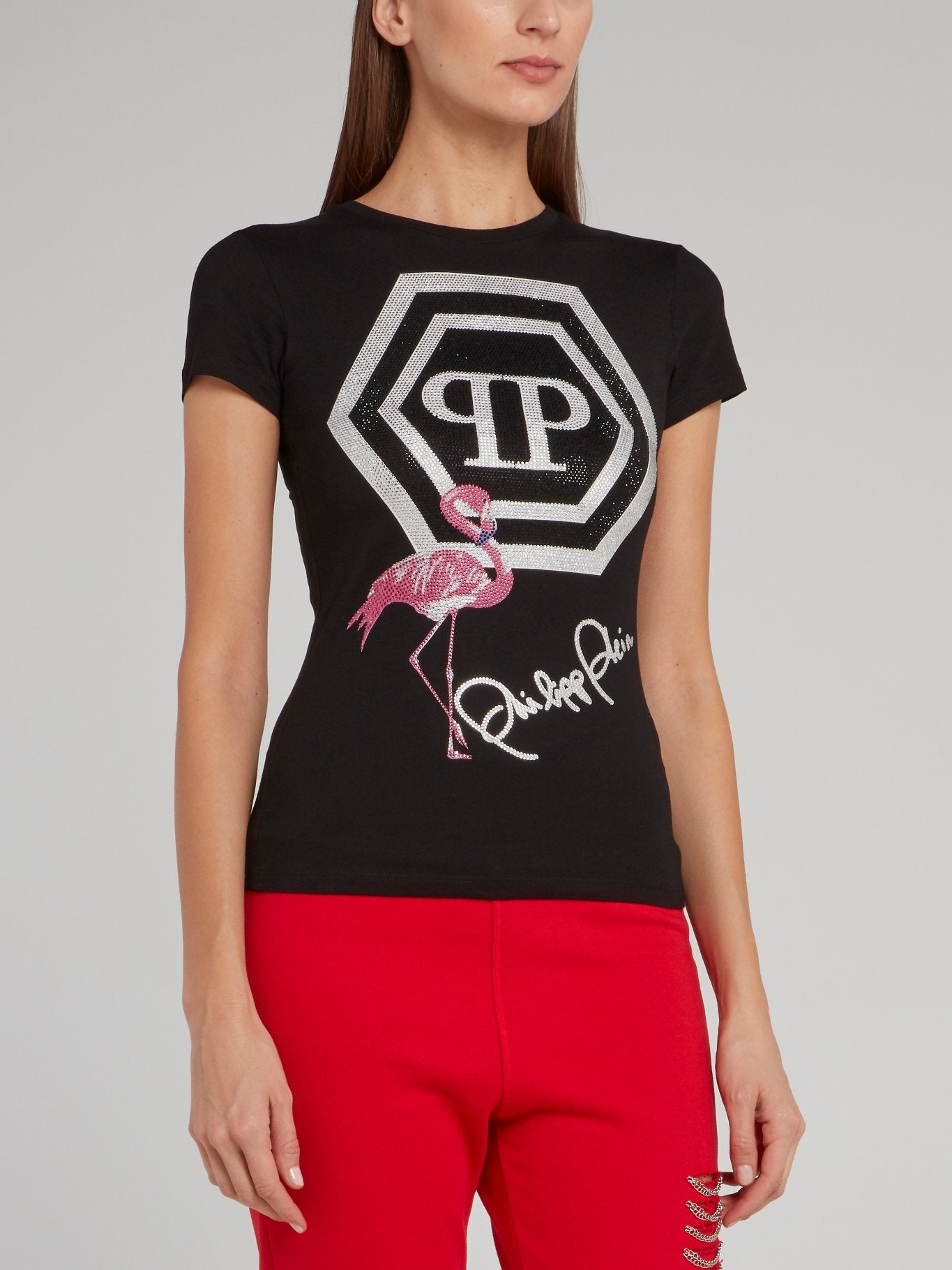 Black Studded Flamingo Print Logo T-Shirt