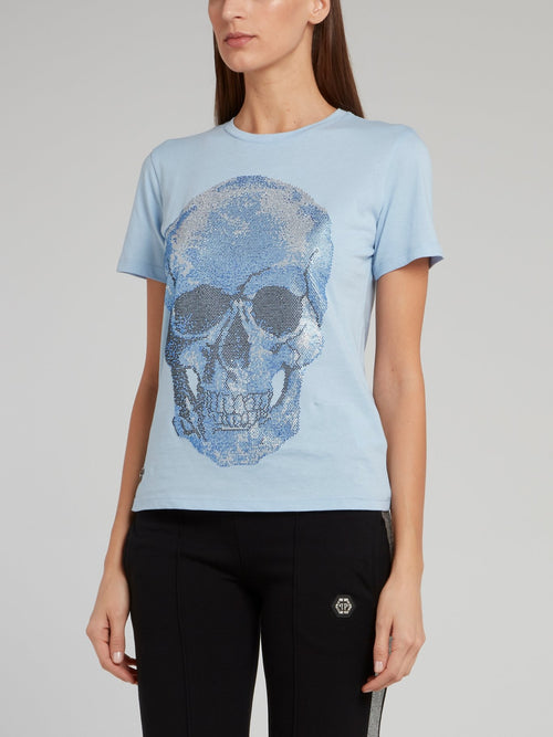 Blue Studded Skull Crewneck T-Shirt