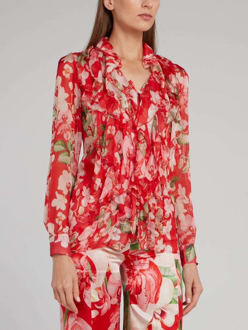 Red Floral Cascade Ruffle Blouse