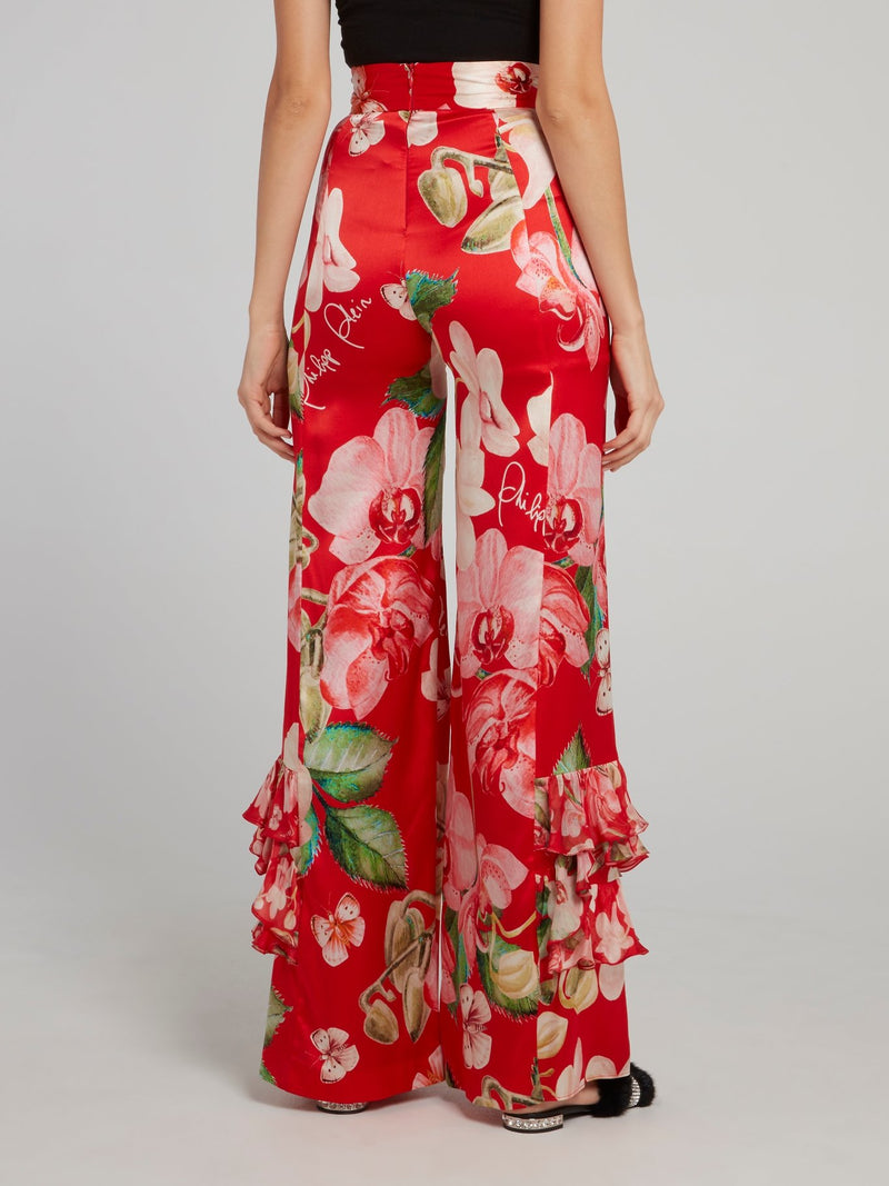 Red Floral Print Flared Ruffle Pants