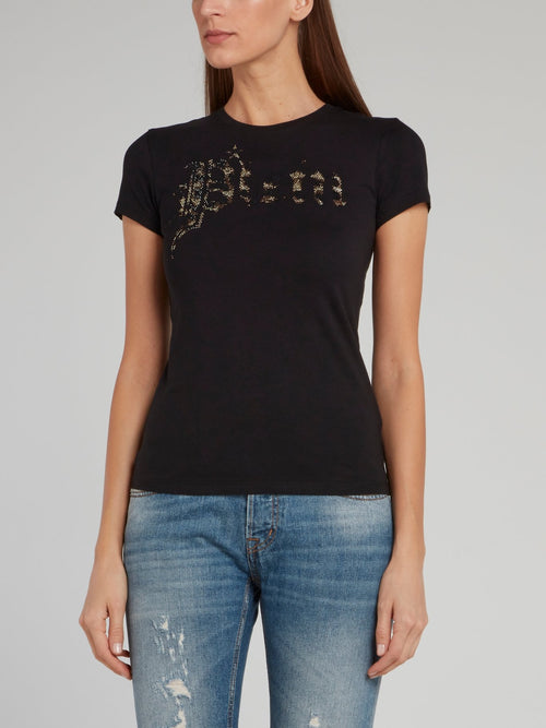 Black Studded Leopard Print Logo T-Shirt
