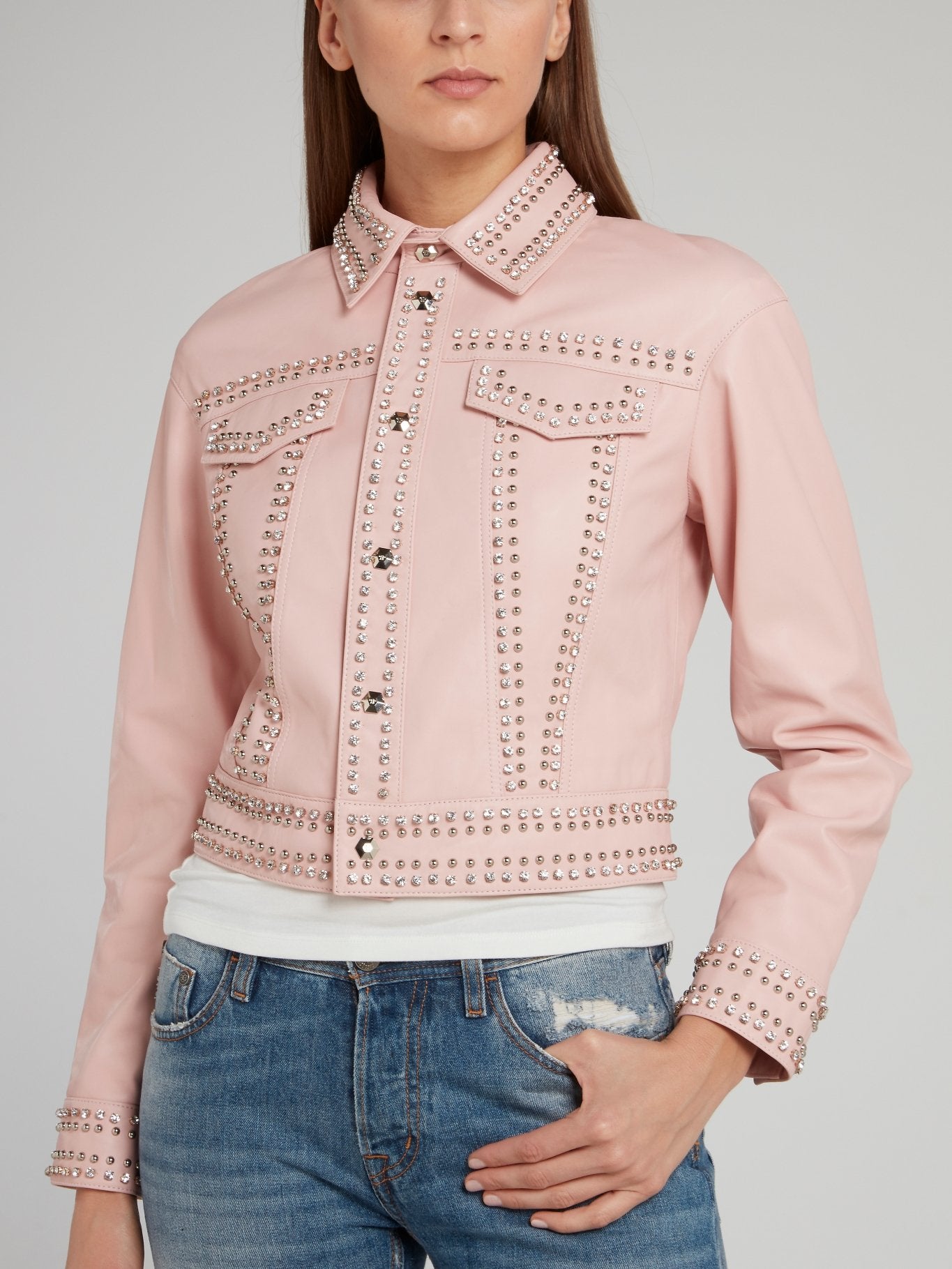 Pink Crystal Studded Leather Jacket