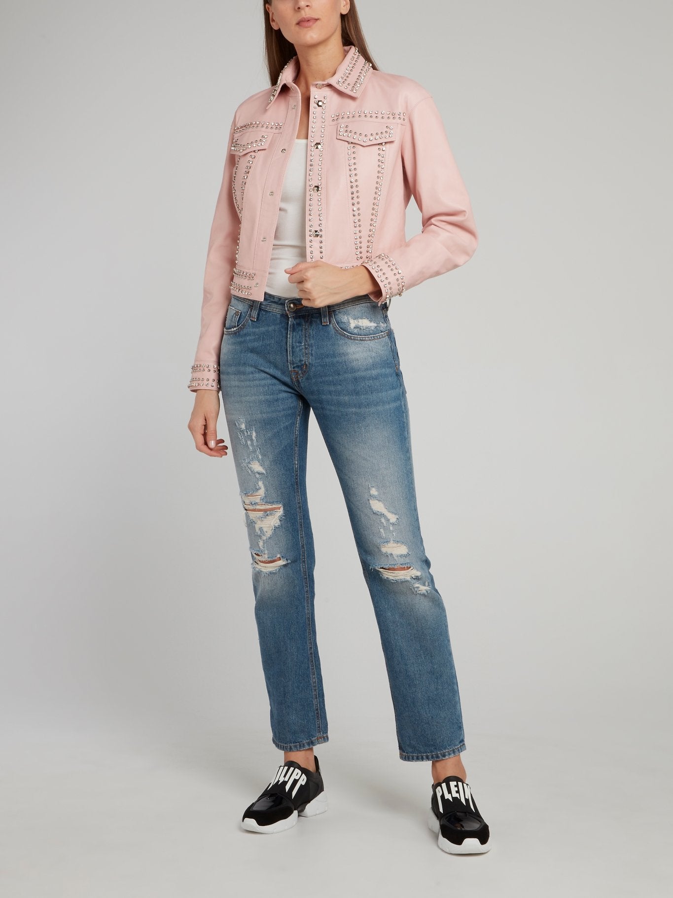Pink Crystal Studded Leather Jacket