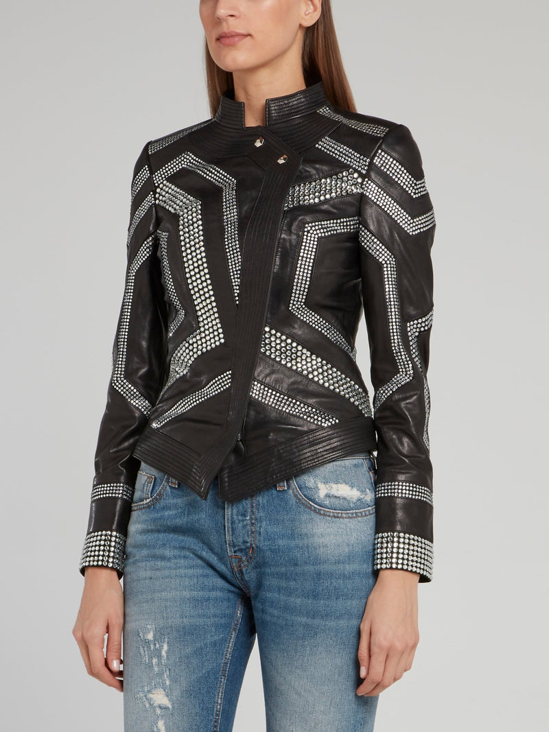 Black Studded Geometric Leather Jacket