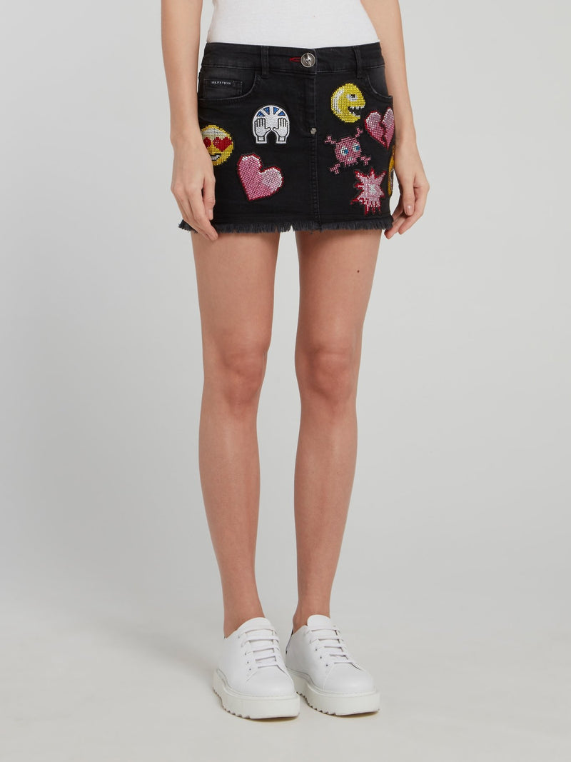 Black Embroidered Emoji Frayed Denim Skirt