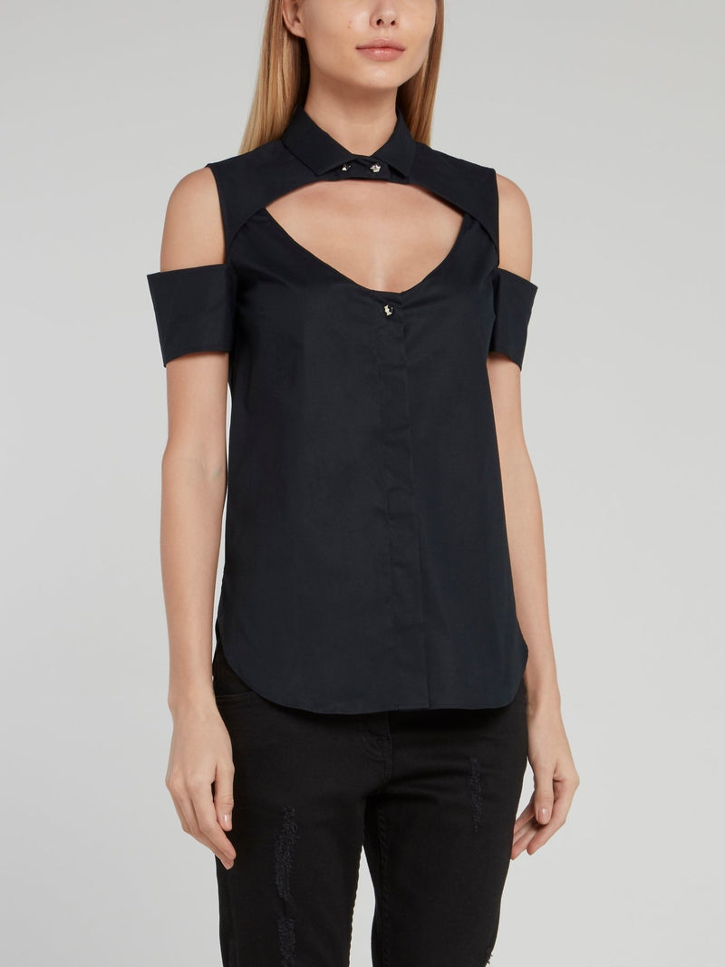 Черная блузка с открытыми плечами и вырезом "замочная скважина"
