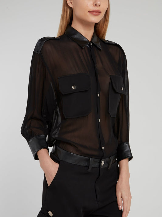 Black Mesh Leather Button Up Romper