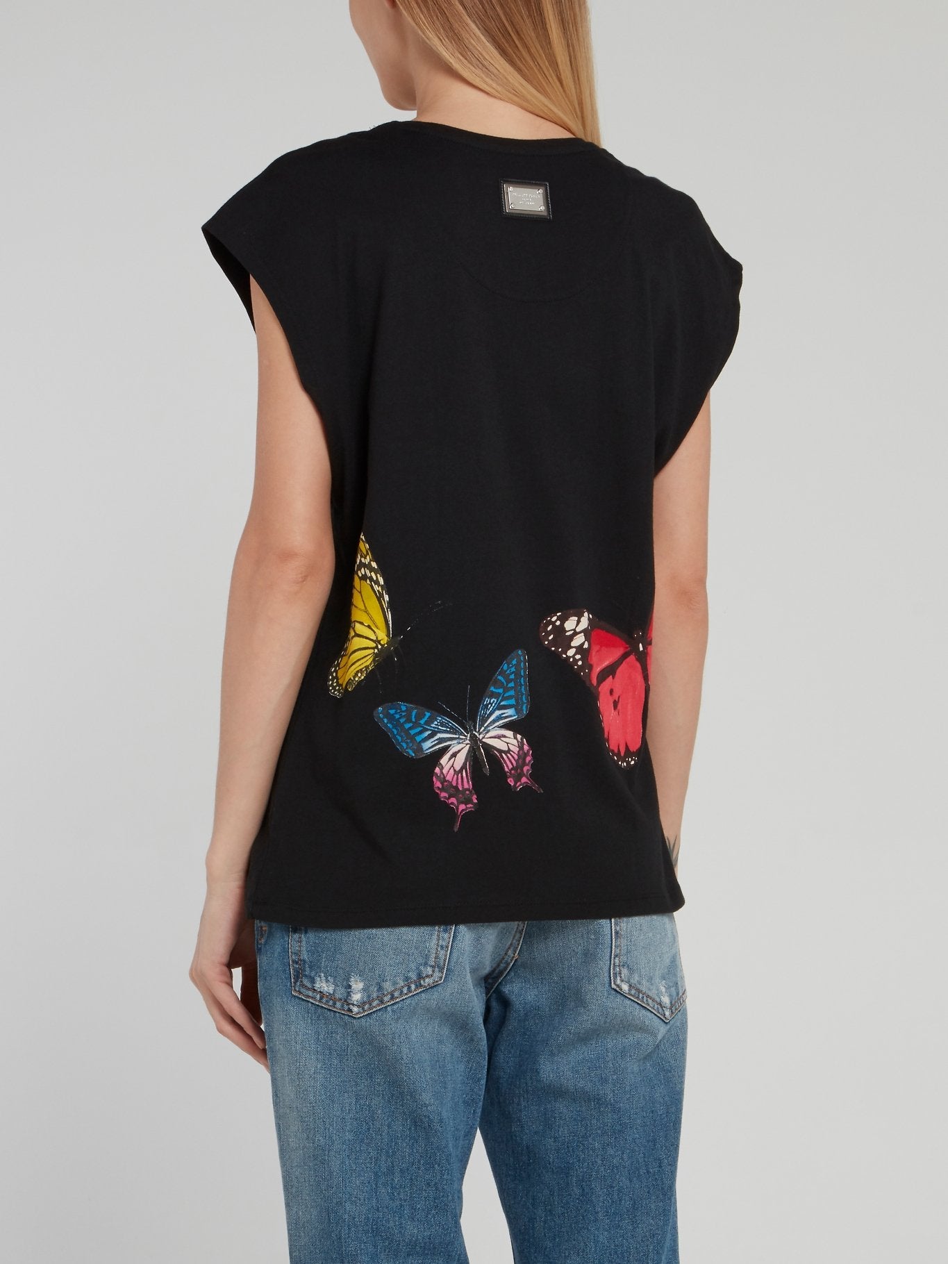 Черная футболка с рукавами "крылышко", принтом в виде бабочек и стразами