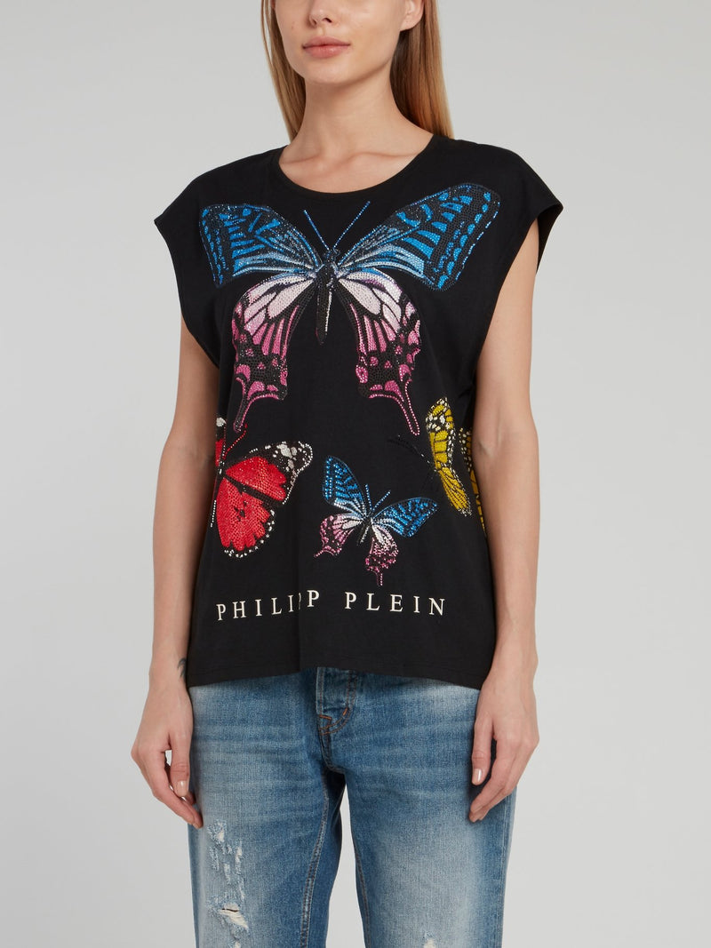 Черная футболка с рукавами "крылышко", принтом в виде бабочек и стразами