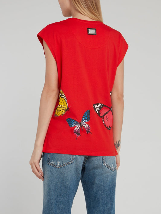 Red Studded Butterfly Cap Sleeve Shirt