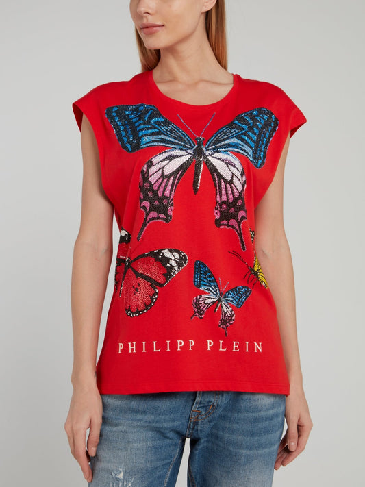 Красная футболка с рукавами "крылышко", изображением бабочек и стразами
